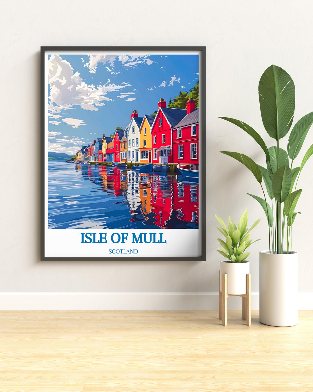 Artistic representation of Tobermory Harbour focusing on the bustling marina and traditional Scottish boats perfect for maritime art collectors