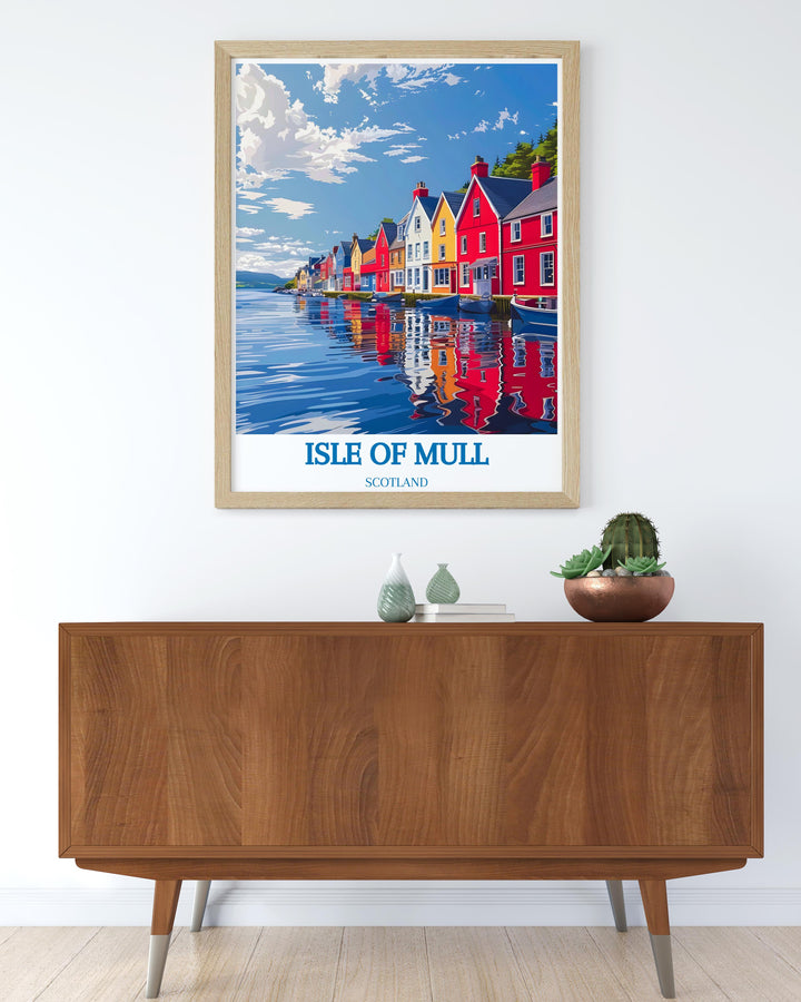 Poster of Tobermory Harbour with a view of the iconic lighthouse and historic waterfront ideal for decorating a study or living room