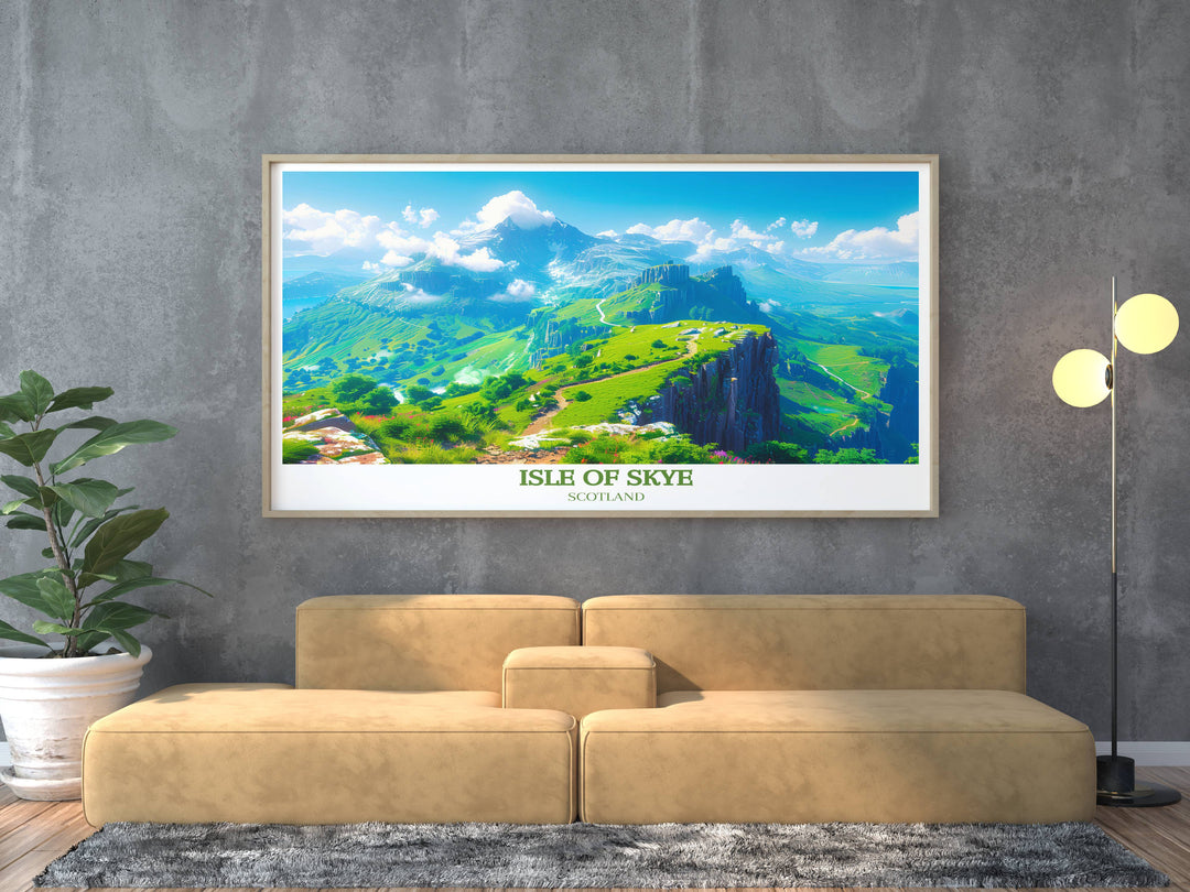 Elegant Isle of Skye print displaying the serene vistas of Quiraing, with its vast green landscapes and dramatic skyline, perfect for enhancing any room with a touch of tranquility