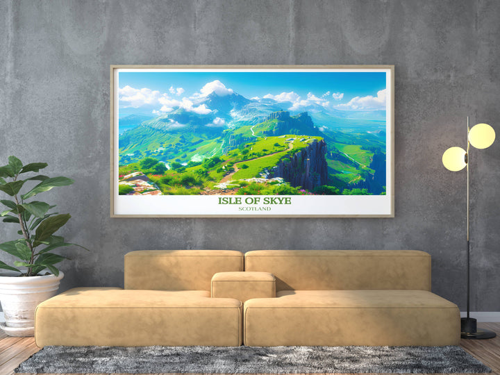 Elegant Isle of Skye print displaying the serene vistas of Quiraing, with its vast green landscapes and dramatic skyline, perfect for enhancing any room with a touch of tranquility