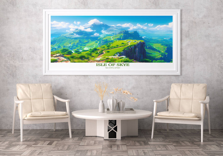 Dynamic Scotland travel gift featuring a panoramic view of Quiraing, offering a glimpse into the rugged terrain and natural splendor of the Isle of Skye, a thoughtful gift for any occasion