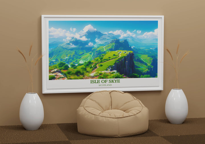 Quiraing arts print with a focus on the vivid textures and vibrant colors of the Scottish landscape, bringing a piece of Isle of Skye’s majestic scenery into your home or office