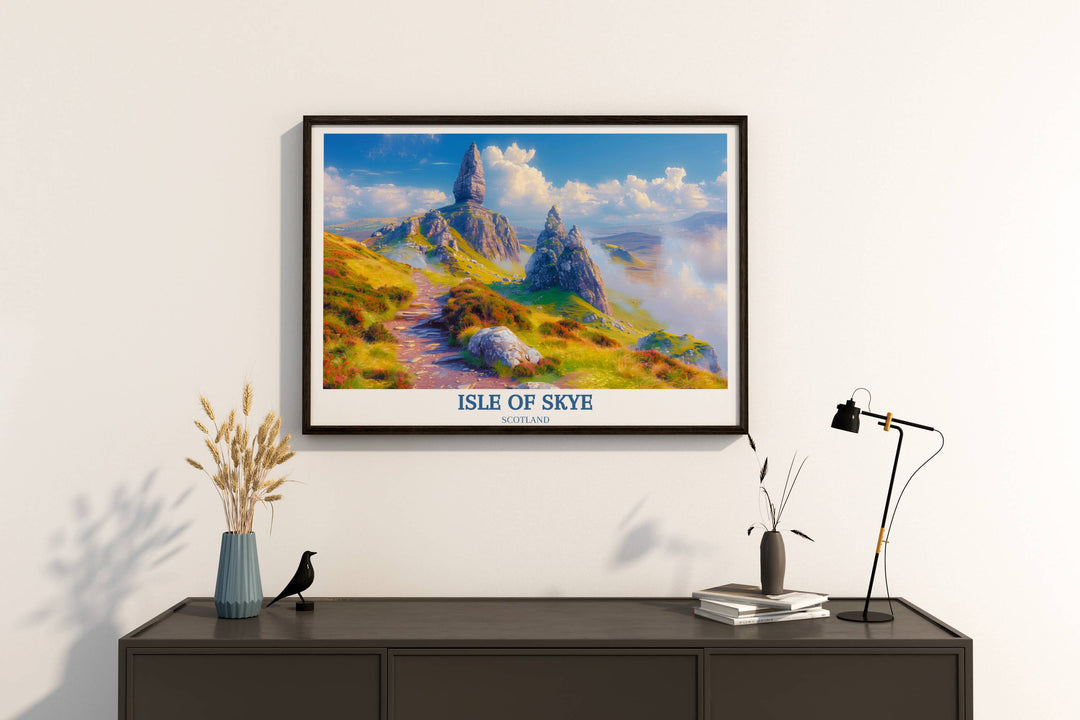 A captivating Isle of Skye artwork illustrates the sweeping landscapes and waterfalls around The Storr on the island, executed in a style that highlights the natural beauty of Scotland, perfect for art lovers and travelers alike.