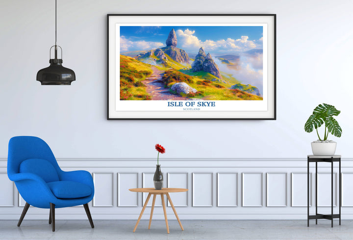 An artistic representation of The Storr in the Isle of Skye’s quaint villages and seascapes in a high-quality poster form, suitable for anyone looking to add a touch of Scottish charm to their living space.