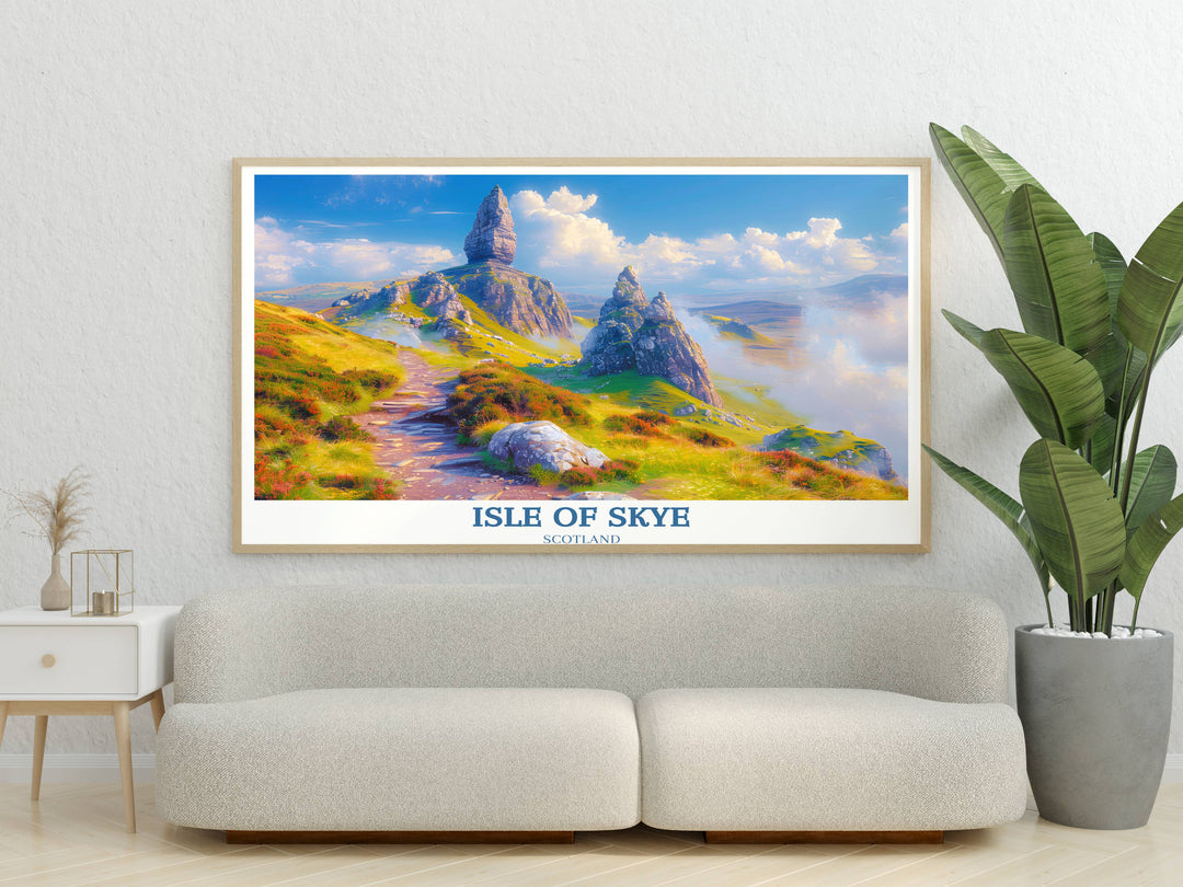 This Isle of Skye artwork captures a serene view of The Storr under a pastel sunset, skillfully blending natural beauty with artistic interpretation, ideal for anyone who appreciates fine art prints.