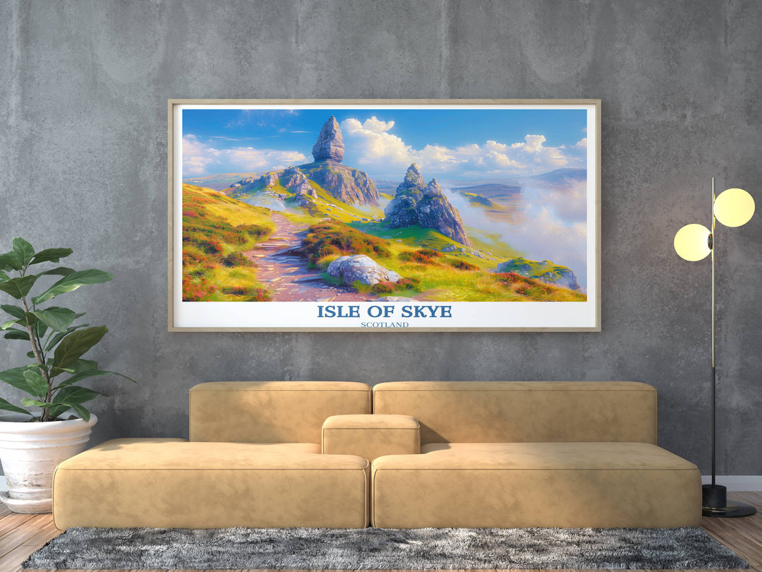 Experience the charm of Scotland with this vintage travel poster featuring The Storr on the Isle of Skye, presenting a classic view of its rugged cliffs and ancient castles, designed to inspire wanderlust and serve as an elegant wall art.