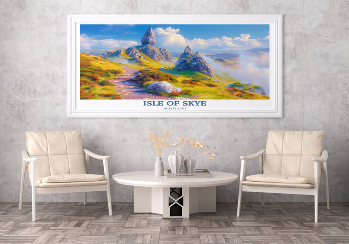 A high-quality photo of The Storr on the Isle of Skye showcases the unique geological formations and lush greenery of the island, presented as a premium print that brings a piece of Scotland into your home decor.