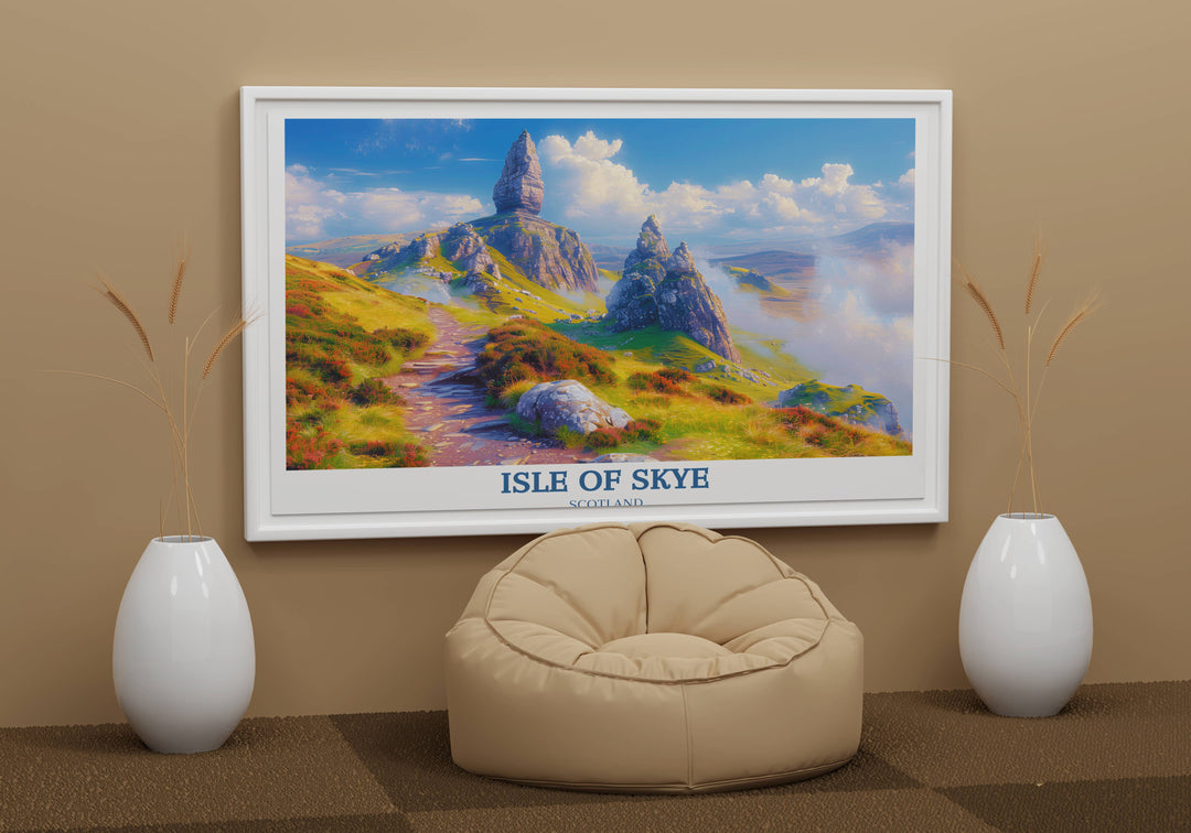 This Isle of Skye poster combines vibrant colors and historical architecture, presenting The Storr in a dramatic light, making it a compelling addition to any collection of travel Scotland wall art.