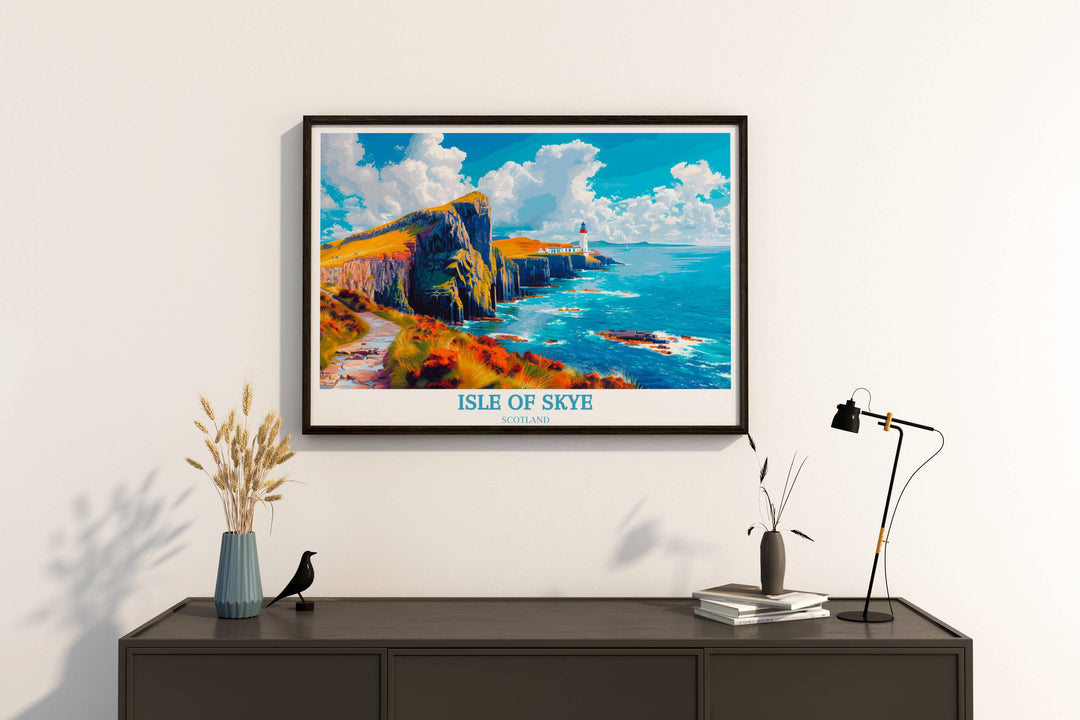 An artistic poster of Neist Point Lighthouse, rendered in a unique style that highlights its isolation and beauty, making it a standout addition to any art collection.