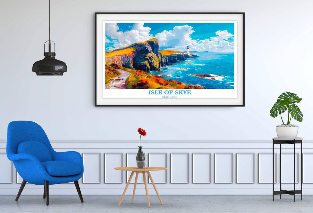 A charming photo print of Neist Point Lighthouse, displaying the iconic structure in golden evening light, ideal for a warm, inviting wall decor piece.