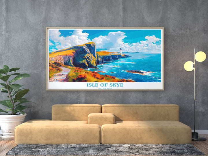 A detailed artwork showcasing Neist Point Lighthouse against the backdrop of Scotland’s wild coastline, perfect for lovers of maritime and Scottish art.