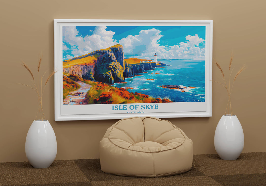 A breathtaking art print of Neist Point Lighthouse with towering cliffs and vibrant seascapes, suitable for anyone wanting to bring the grandeur of Scottish landscapes home.