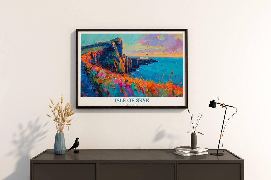 An artistic Isle of Skye poster showing Neist Point Lighthouse with a backdrop of stars, perfect for those who love night photography and celestial themes.