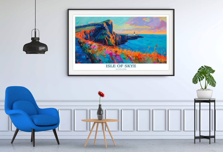 A breathtaking Isle of Skye photo print capturing Neist Point Lighthouse at dusk with the light casting a warm glow over the sea, ideal for adding warmth to home decor.