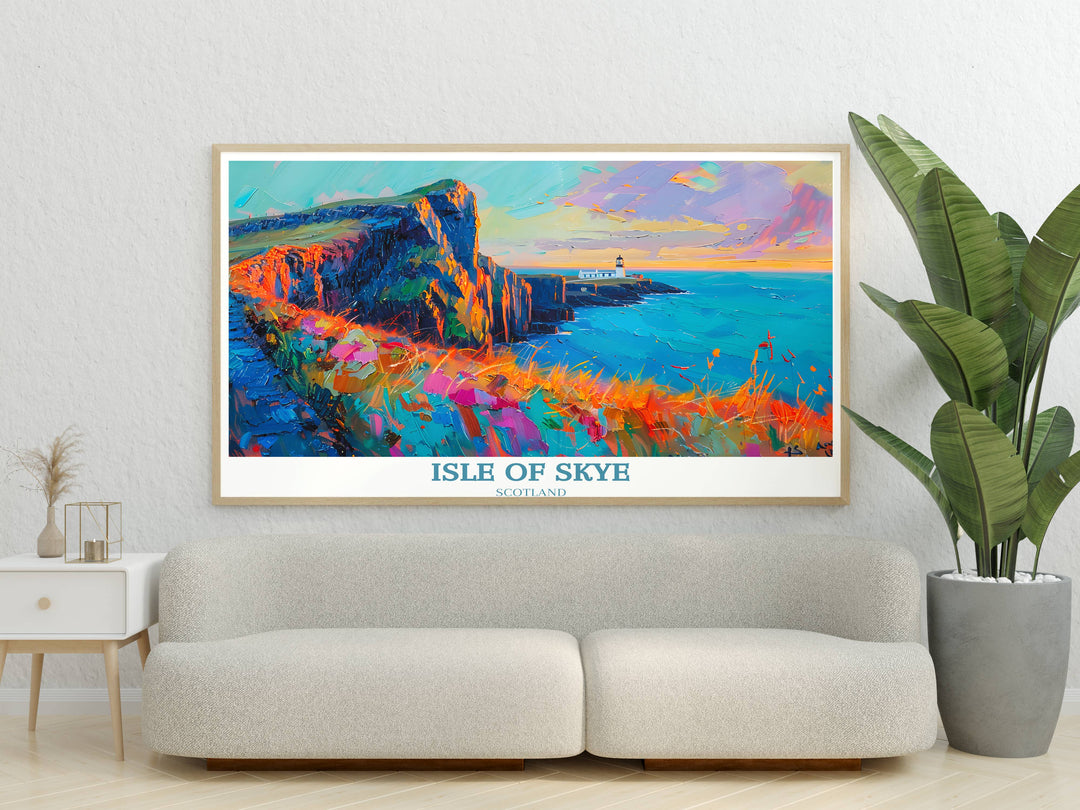 A striking poster capturing the dramatic sunset behind Neist Point Lighthouse, perfect for bringing a touch of Scottish twilight into your living space.