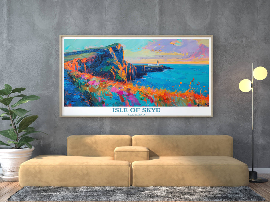 An evocative photograph of Neist Point Lighthouse, showcasing the turbulent waters of Scotland&
