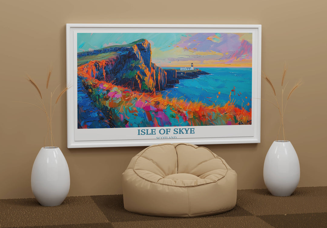 A detailed vintage-style poster of Neist Point Lighthouse, evoking nostalgia and the allure of Scottish travel, suitable for any vintage decor enthusiast.