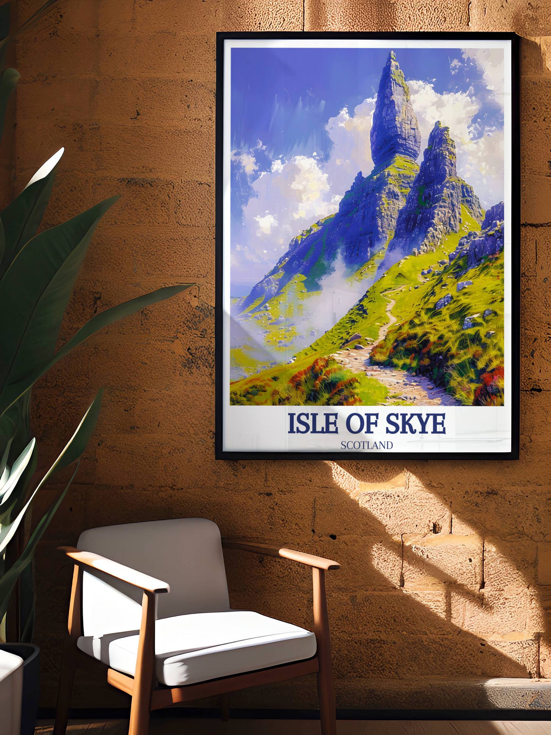 A classic Isle of Skye art print depicting The Storr in a vintage style, perfect for those who love retro travel posters and want to add a historical touch to their decor.