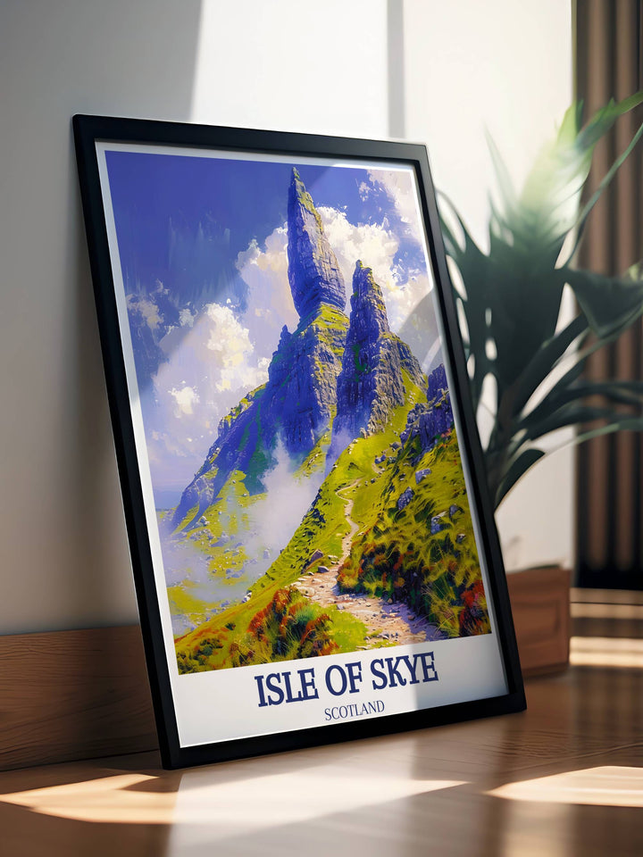 A classic Isle of Skye art print depicting The Storr in a vintage style, perfect for those who love retro travel posters and want to add a historical touch to their decor.