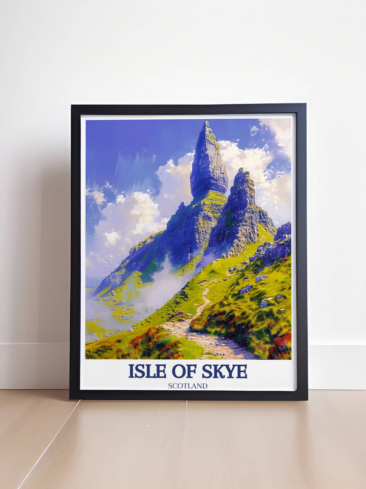 A vibrant Isle of Skye poster that vividly portrays The Storr in stunning colors, ideal for those who appreciate vibrant travel art and wish to bring a piece of Scotland into their space.