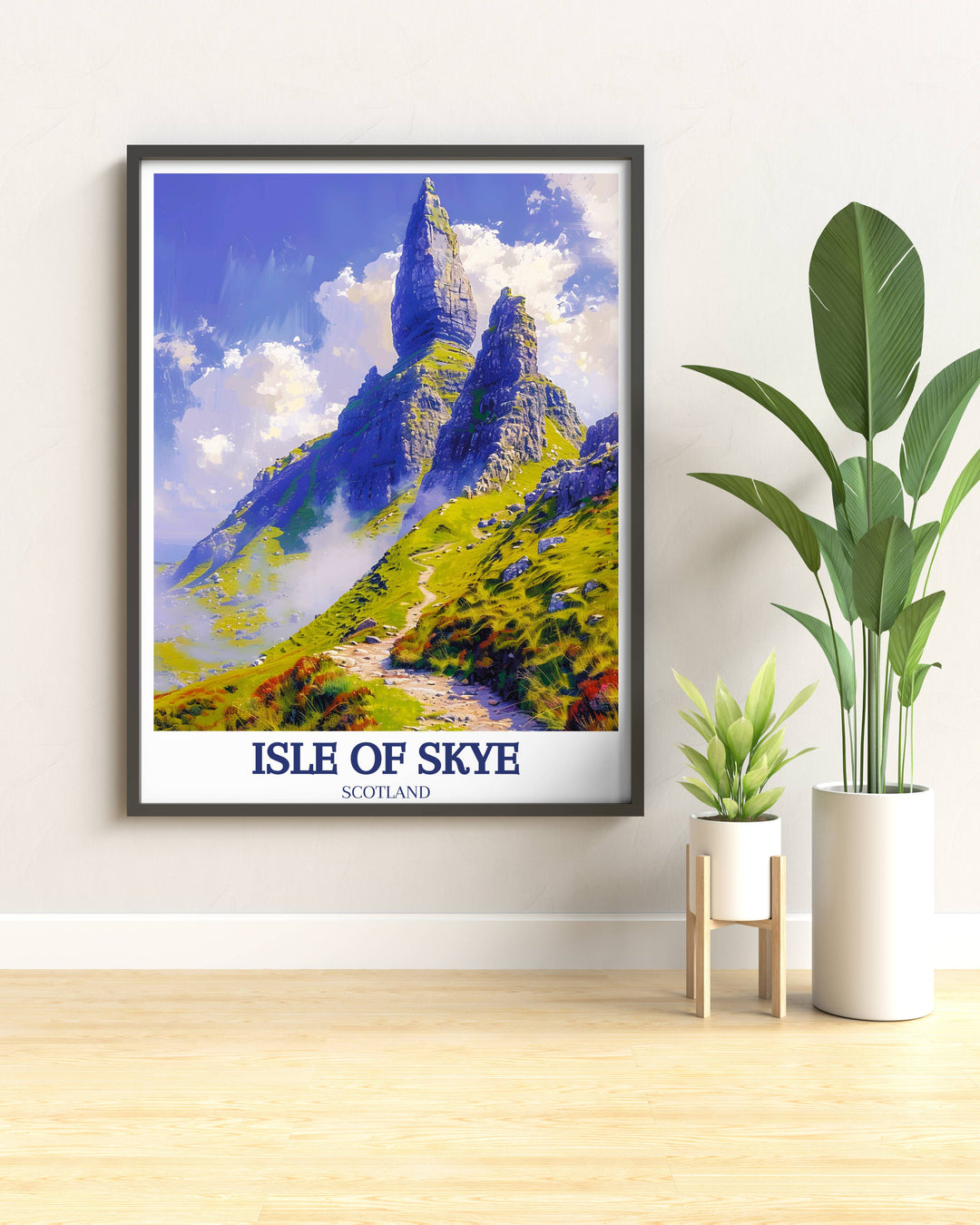 A dramatic Isle of Skye artwork highlighting the imposing silhouette of The Storr against a stormy sky, ideal for adding a dramatic touch to any rooms decor.