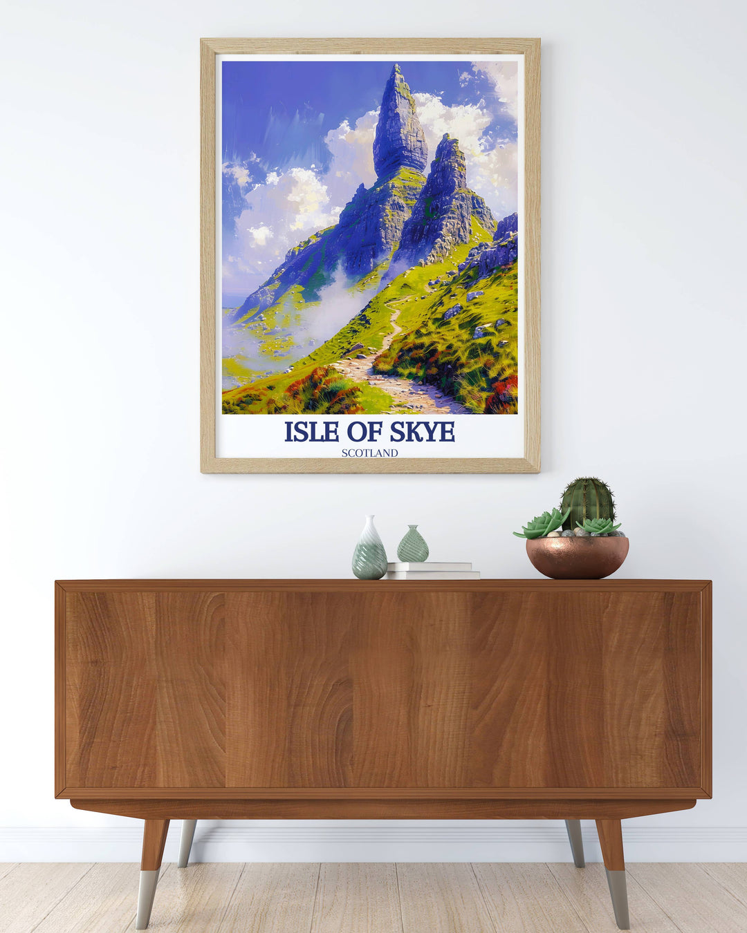 A serene Isle of Skye art print showcasing the lush, green surroundings of The Storr, ideal for nature lovers wanting to bring a piece of tranquil Scottish scenery indoors.