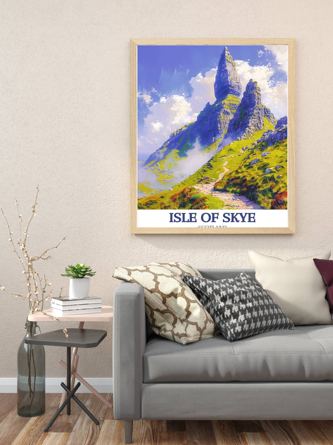 An inspiring Isle of Skye poster with a panoramic view of The Storr, blending artistic expression with natural scenery to spark wanderlust and dreams of travel.