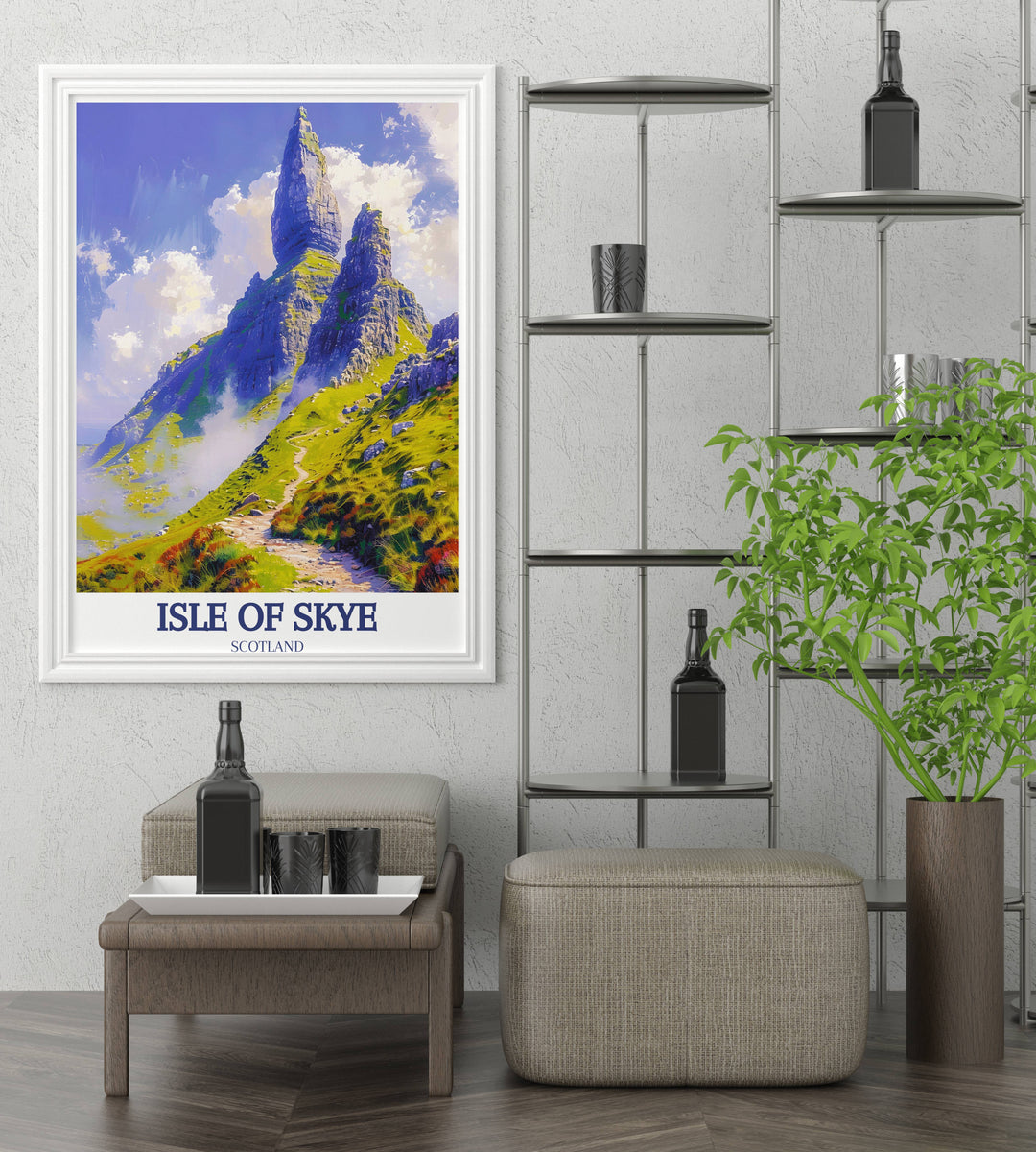 A detailed Isle of Skye poster focusing on the rugged terrain of The Storr, perfect for adventurers and explorers looking to bring a sense of the great outdoors into their home.