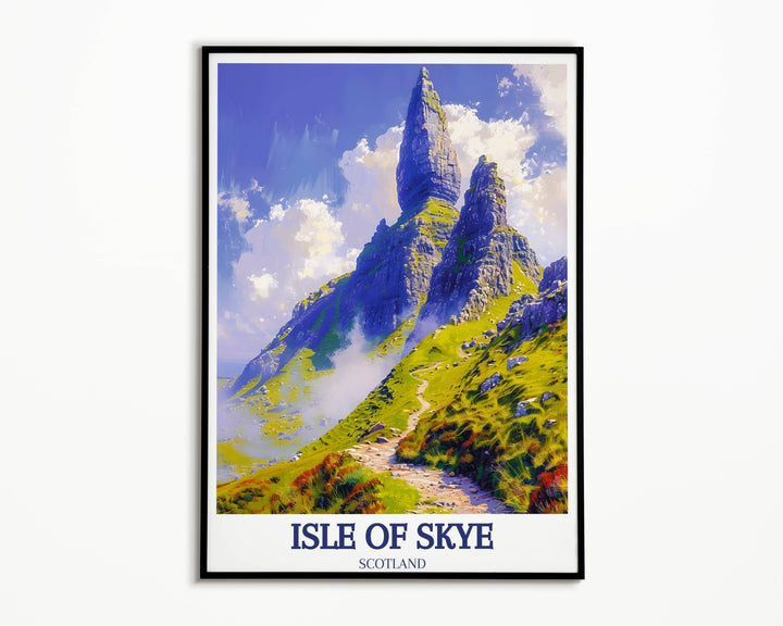 An enchanting Isle of Skye print that captures the mystical aura of The Storr, bathed in the golden light of dusk, perfect for adding a warm, inviting atmosphere to any space.