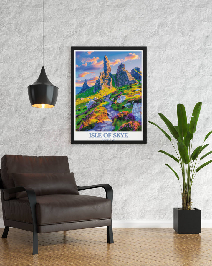 A captivating Isle of Skye poster of The Old Man of Storr, styled as a vintage travel advertisement, great for enhancing wall decor with a historical flair.