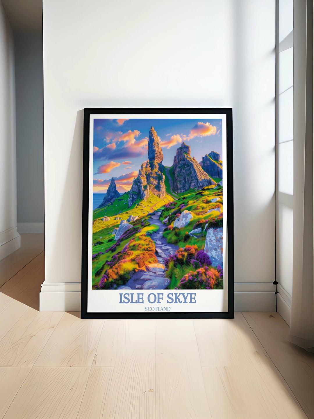 A vibrant Isle of Skye print capturing the dramatic cliffs of The Storr, perfect for adding a touch of Scottish natural beauty to any room decor.