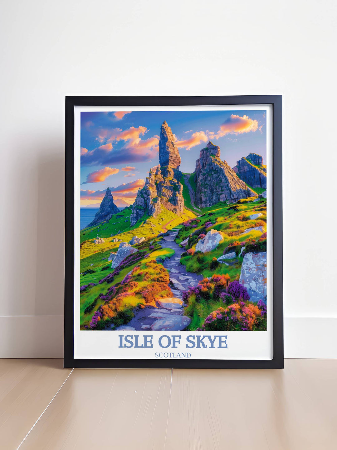 An artistic Isle of Skye poster featuring The Old Man of Storr in vivid colors, ideal for enhancing travel-themed or contemporary interiors.