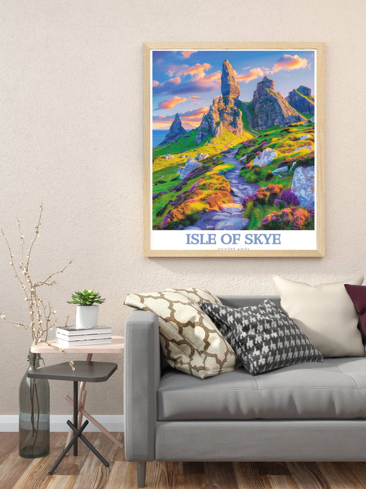A striking Isle of Skye artwork capturing the mystic atmosphere of The Storr at sunrise, ideal for lovers of dramatic and inspiring landscapes.