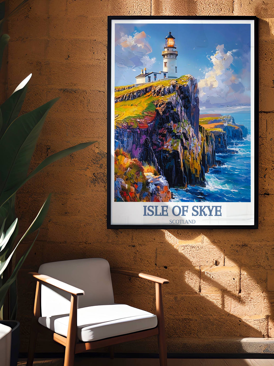 An artistic poster of Neist Point Lighthouse using abstract techniques to highlight its iconic silhouette against the Isle of Skye landscape.