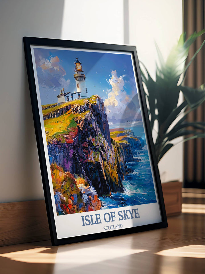 A breathtaking photo print of Neist Point Lighthouse under the starry night sky, ideal for those fascinated by nightscapes and celestial beauty.