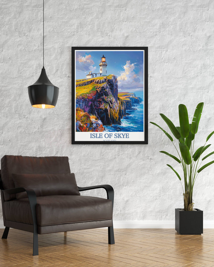 A detailed vintage-style Isle of Skye poster of Neist Point Lighthouse, evoking a sense of travel and nostalgia, suitable for collectors of retro art.