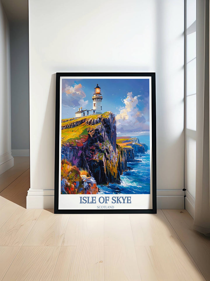 A captivating art print featuring Neist Point Lighthouse against the rugged terrain of the Isle of Skye, perfect for those who appreciate dramatic landscapes.