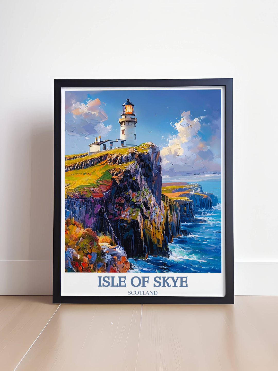A striking Isle of Skye poster capturing Neist Point Lighthouse at sunset, offering warm hues that enhance any room's atmosphere.