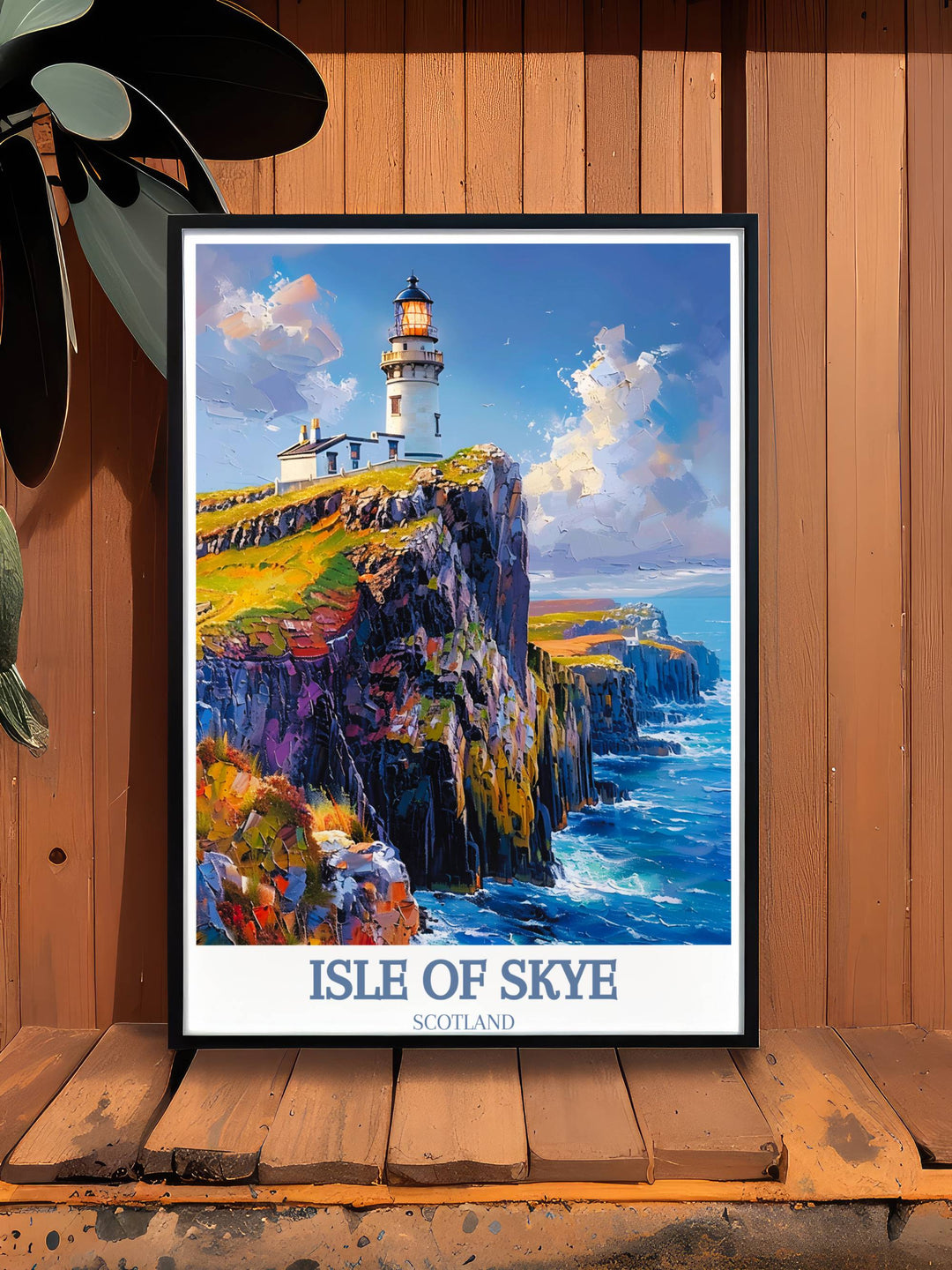 An evocative photograph of Neist Point Lighthouse with crashing waves, ideal for adding a dynamic marine element to your wall decor.