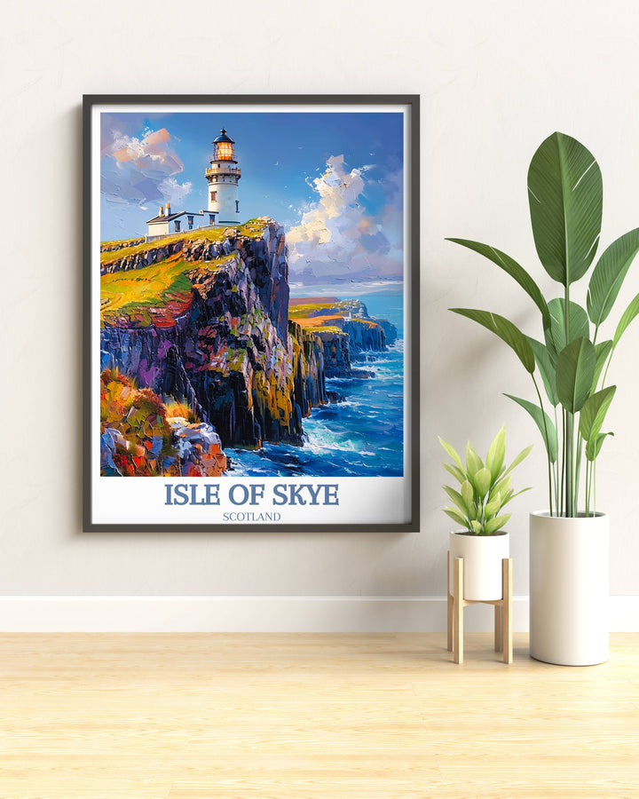 A serene Neist Point art print showing the lighthouse in a calm, misty morning setting, perfect for creating a peaceful ambiance in your living space.