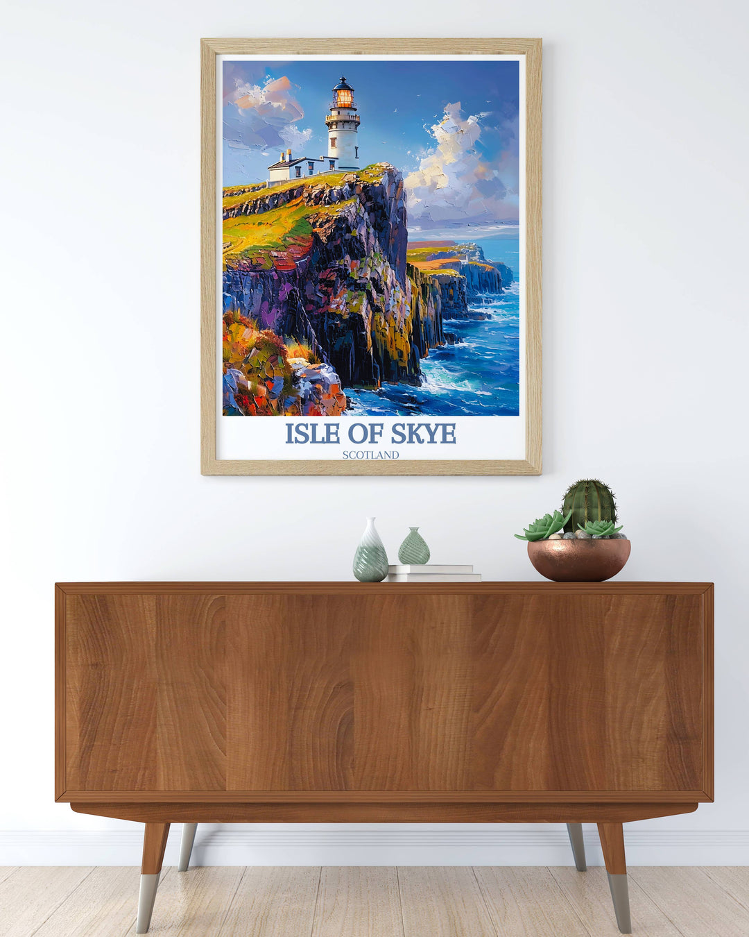 A vibrant artwork of Neist Point Lighthouse during a clear blue sky, bringing a burst of color and energy to any wall.