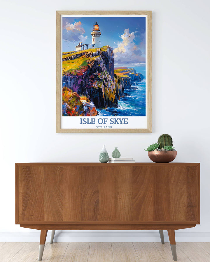 A vibrant artwork of Neist Point Lighthouse during a clear blue sky, bringing a burst of color and energy to any wall.