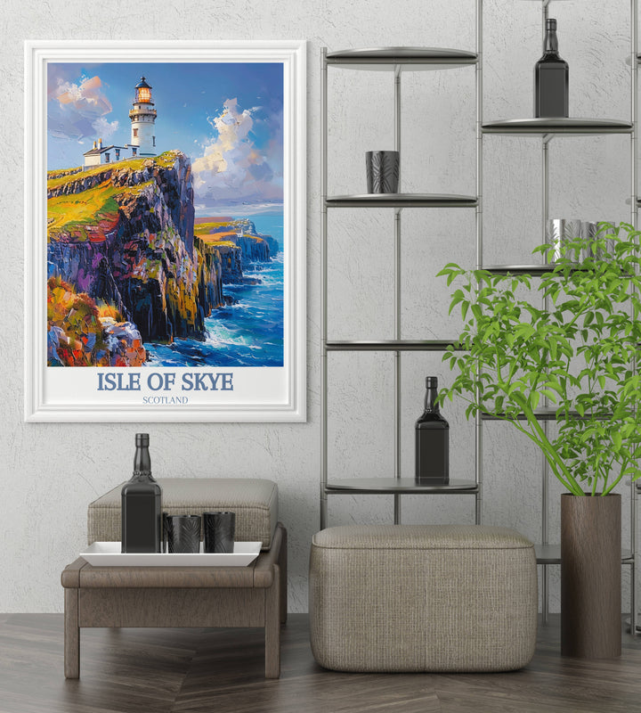 A detailed vintage-style Isle of Skye poster of Neist Point Lighthouse, evoking a sense of travel and nostalgia, suitable for collectors of retro art.