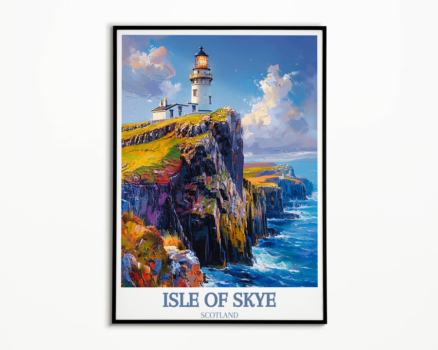 A detailed vintage-style Isle of Skye poster of Neist Point Lighthouse, evoking a sense of travel and nostalgia, suitable for collectors of retro art.