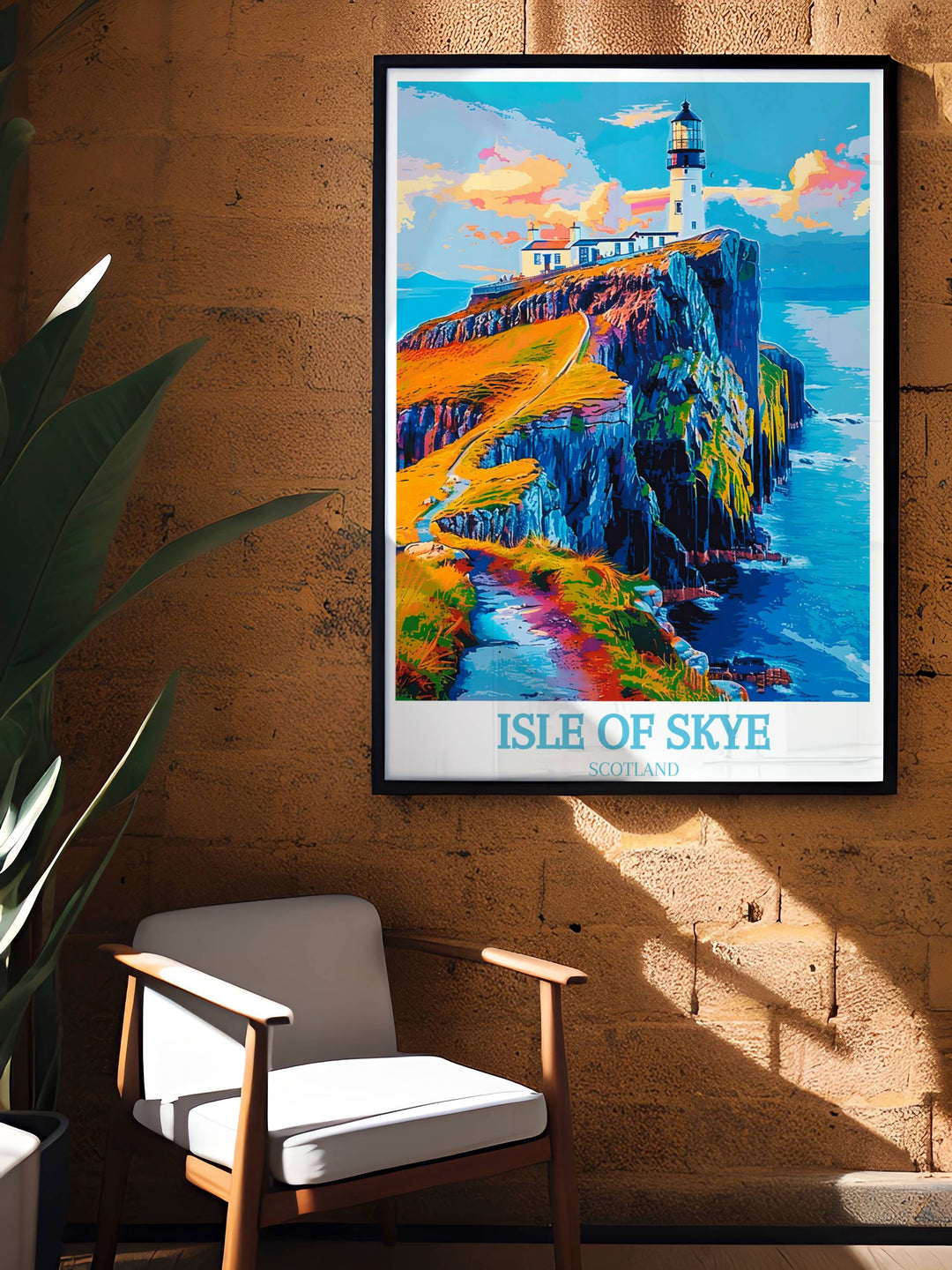 A stunning Isle of Skye poster showcasing Neist Point Lighthouse at sunrise, offering a serene and tranquil scene for relaxation spaces.