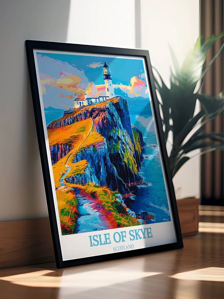 A stunning Isle of Skye poster showcasing Neist Point Lighthouse at sunrise, offering a serene and tranquil scene for relaxation spaces.