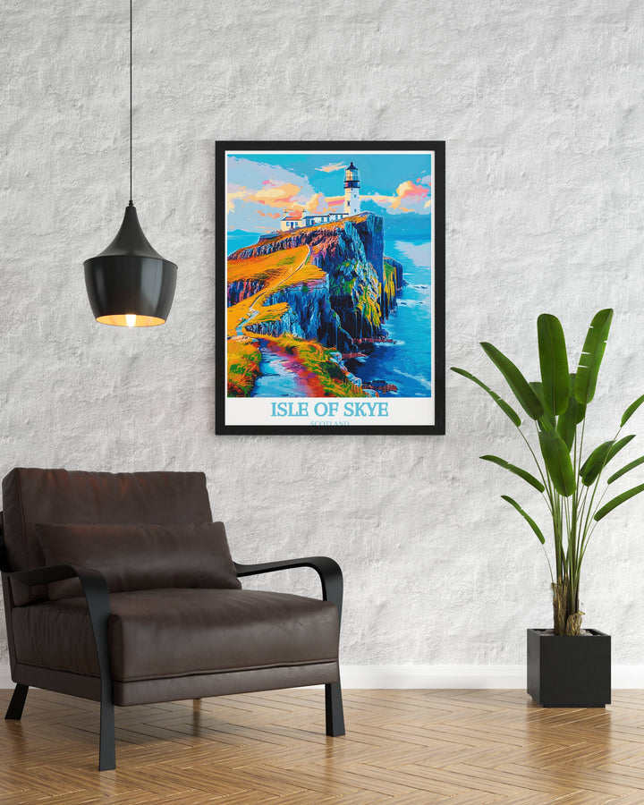 A stunning Isle of Skye poster showcasing Neist Point Lighthouse at sunrise, offering a serene and tranquil scene for relaxation spaces.