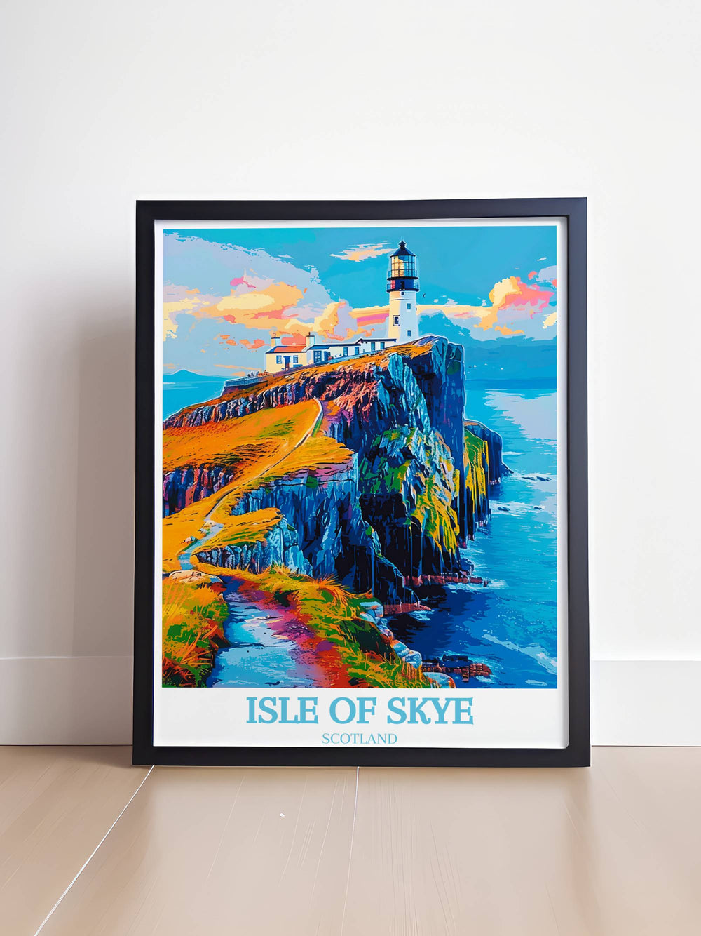 A minimalist art print of Neist Point Lighthouse, featuring clean lines and soft tones, suitable for modern and minimalist decor styles.