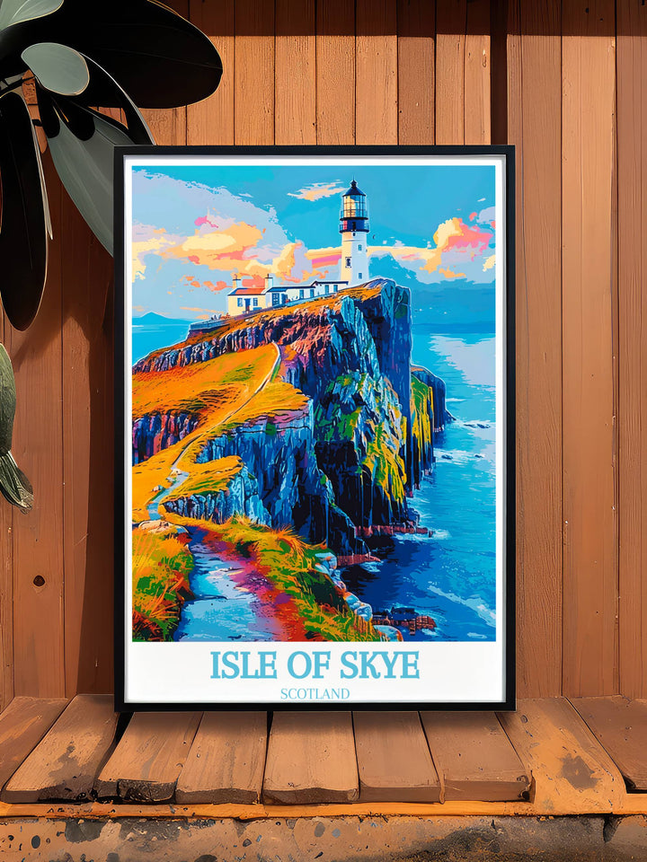 An artistic poster of Neist Point Lighthouse using abstract techniques to highlight its silhouette against the Isle of Skye landscape.