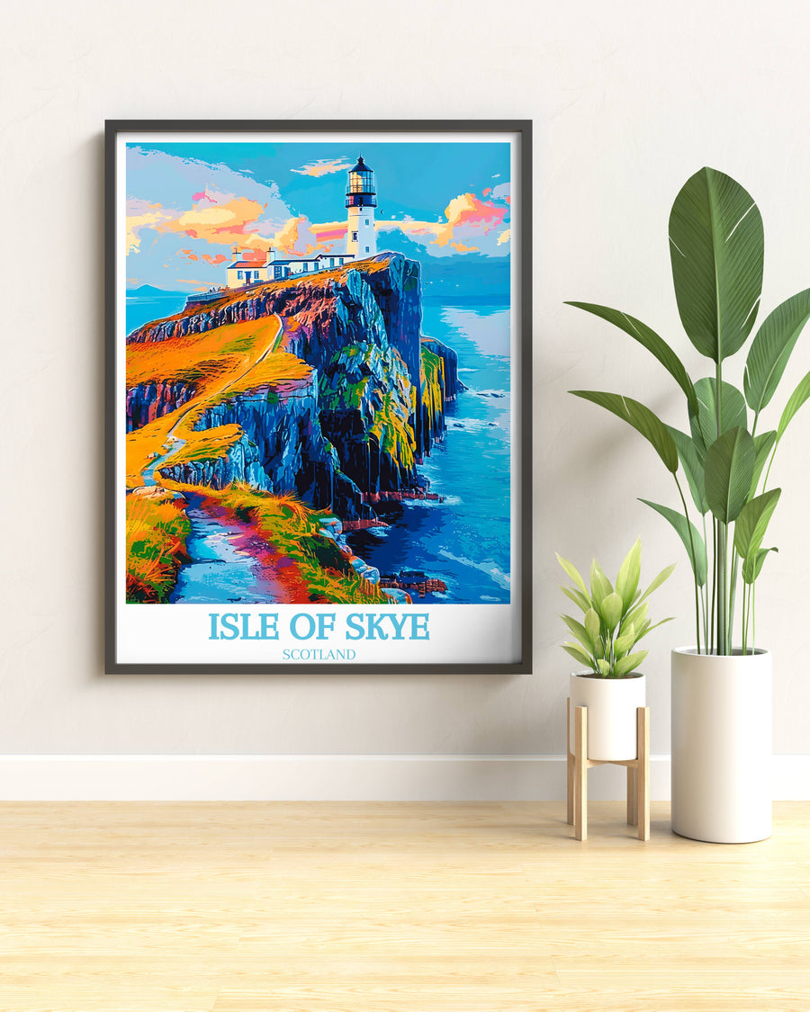 A breathtaking photo print of Neist Point Lighthouse under a starry night sky, ideal for those who appreciate celestial beauty and nighttime vistas.